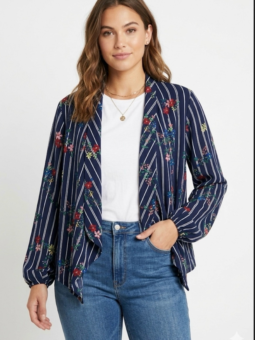 Jon & Anna Floral & Striped Open Front Cardigan size medium